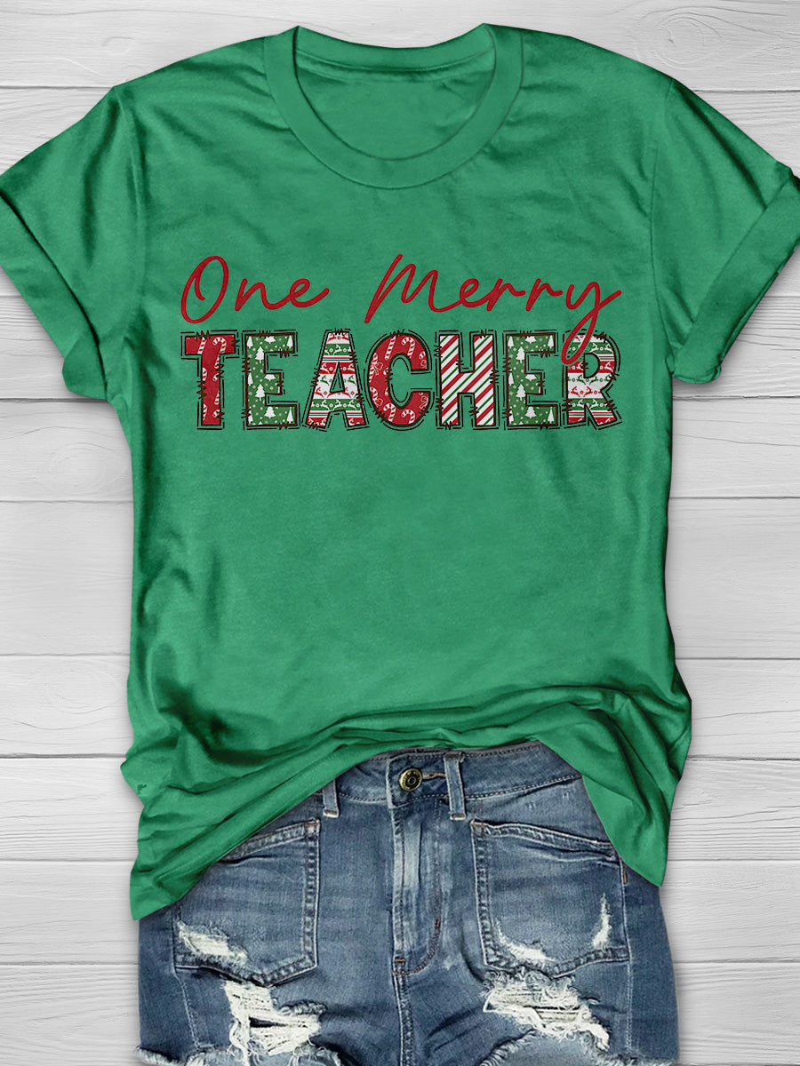 Retro One Merry Teacher Print Graphic T-shirts