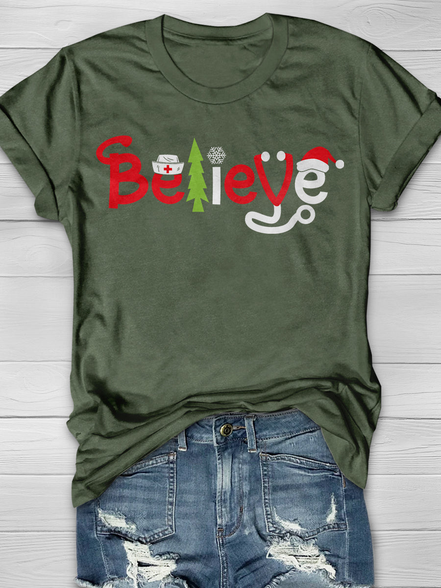 Christmas Nurse Believe Print Short Sleeve T-shirt