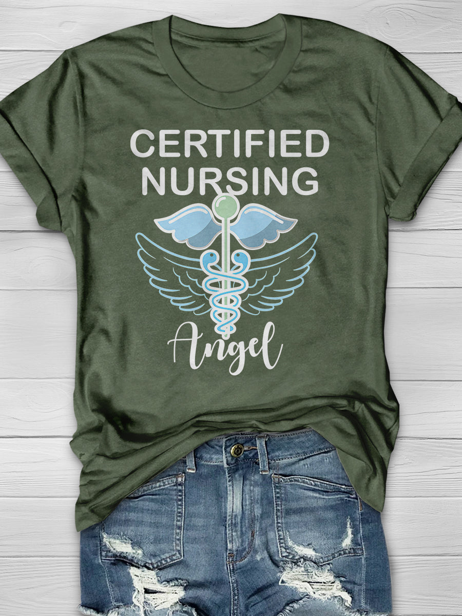 Certified Nursing Angel Print Short Sleeve T-shirt