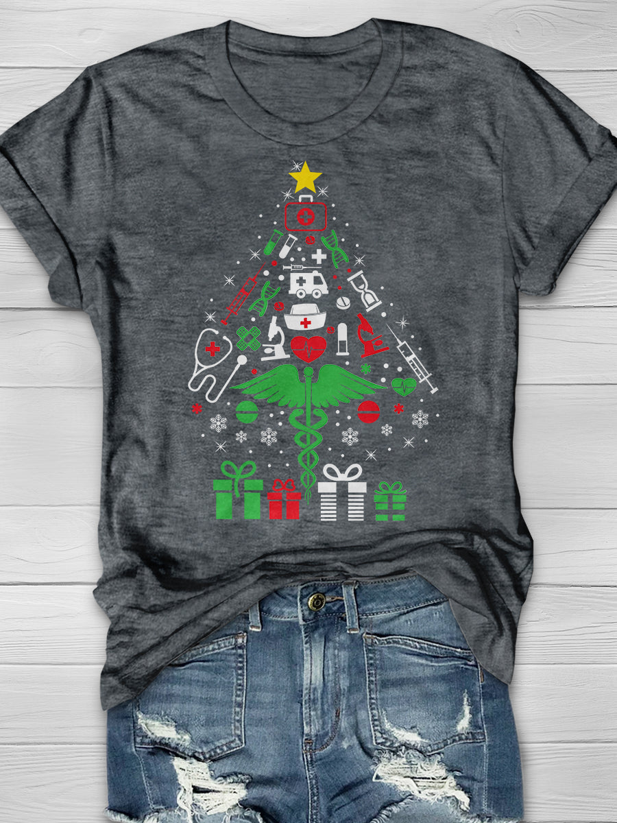 Christmas Tree Nurse Print Short Sleeve T-shirt