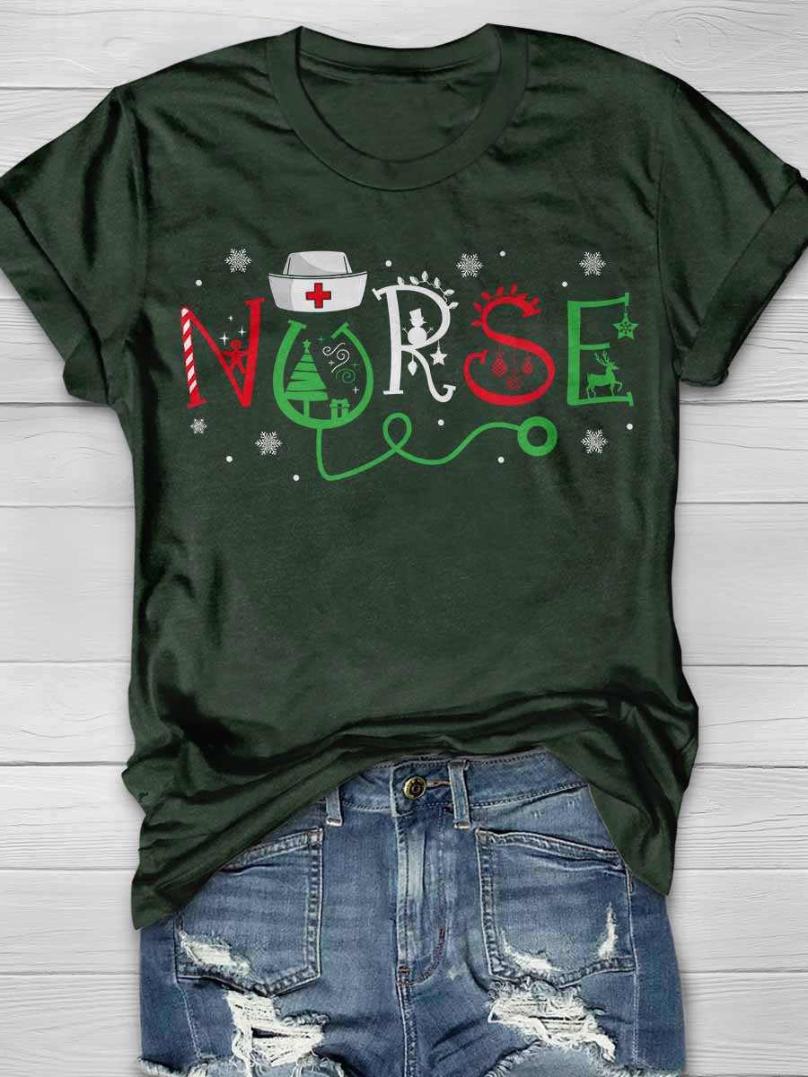 Christmas Nurse Print Short Sleeve T-shirt