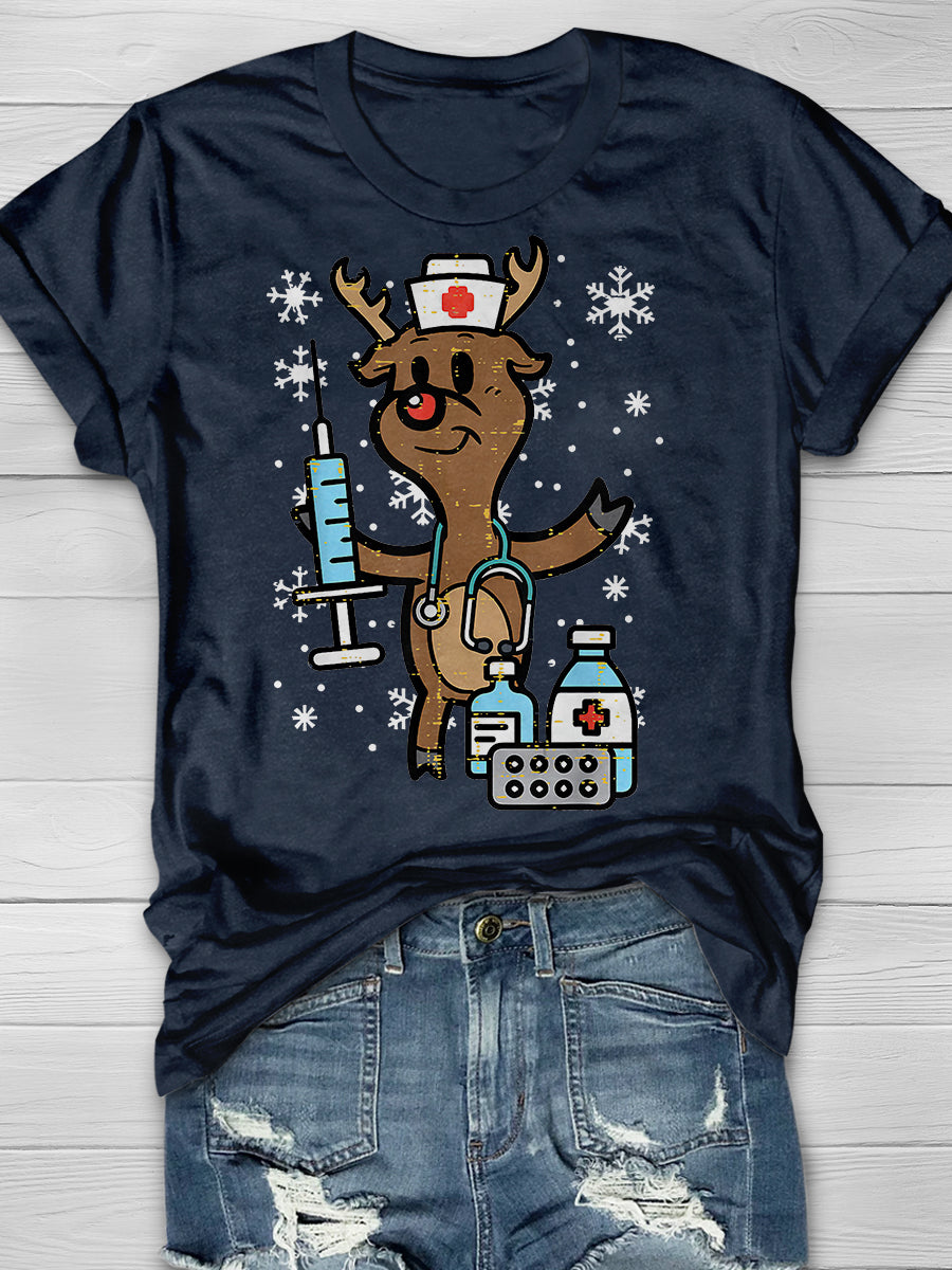 Christmas Nurse Reindeer Funny Print Short Sleeve T-shirt