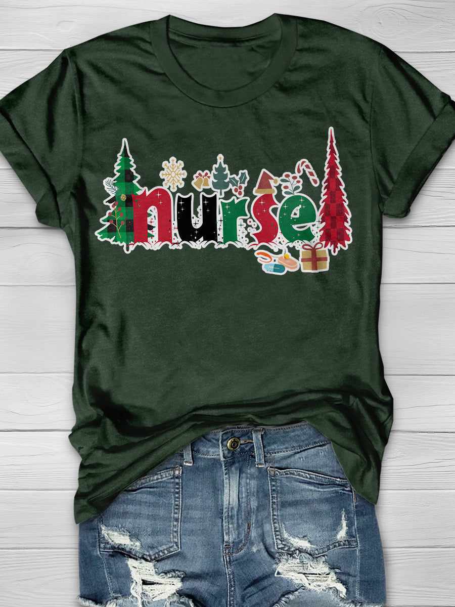 Christmas Nurse Print Short Sleeve T-shirt