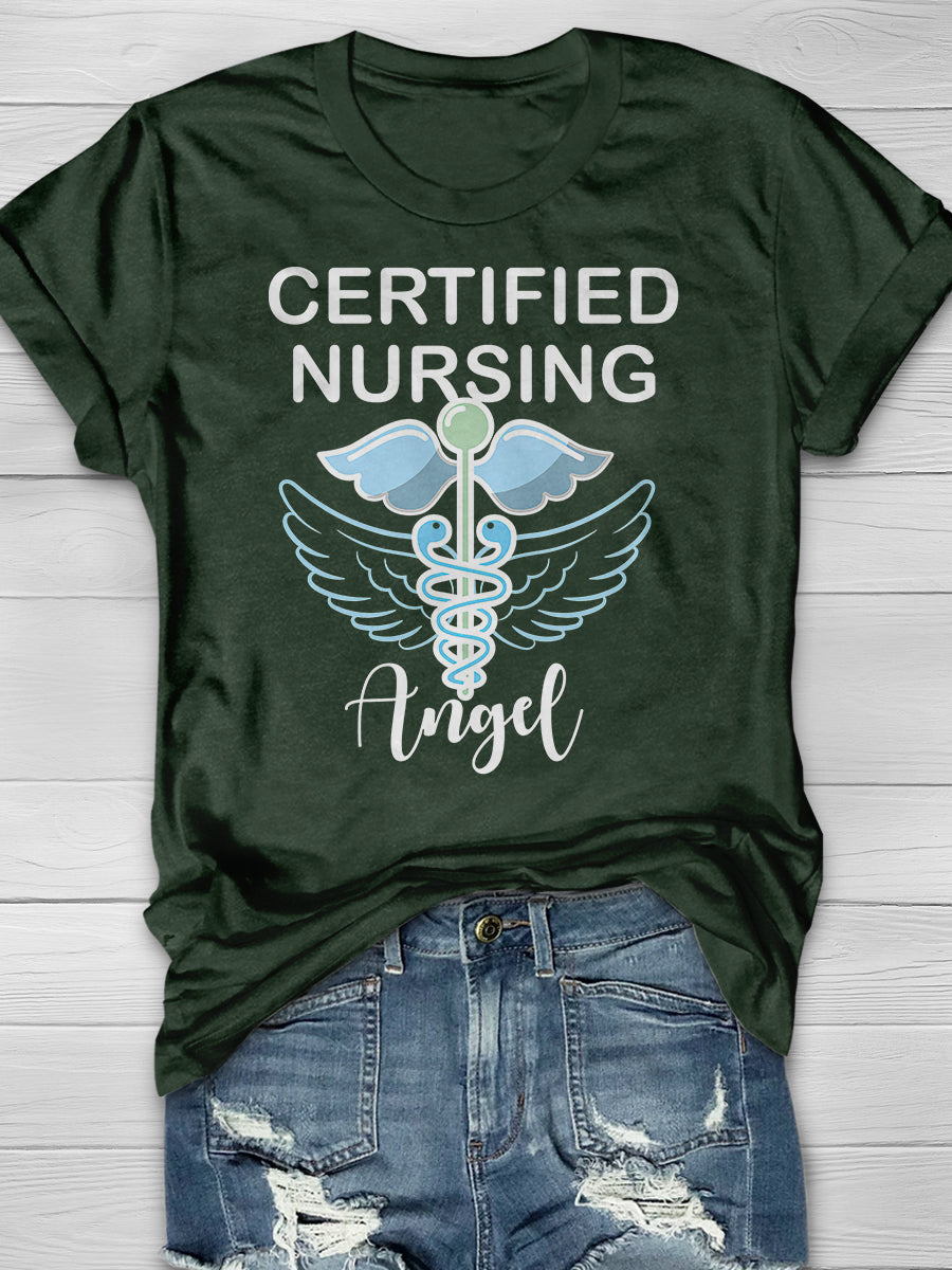 Certified Nursing Angel Print Short Sleeve T-shirt