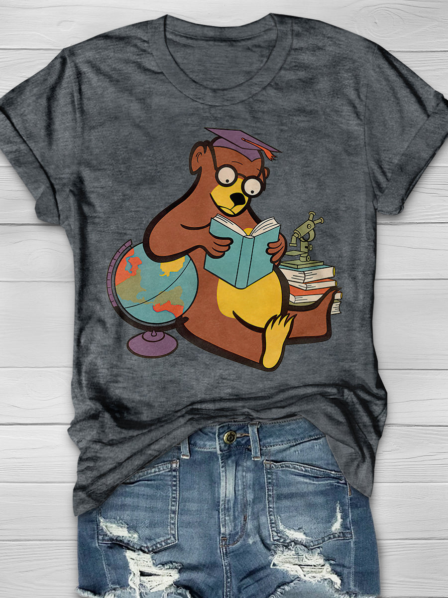 Scholarly Bear Reading Print Graphic T-shirts