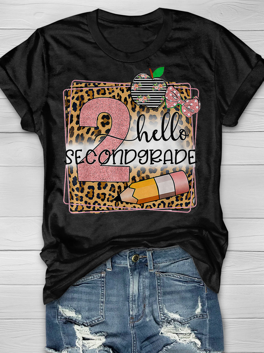 Hello Second Grade Leopard Print Graphic T-shirts
