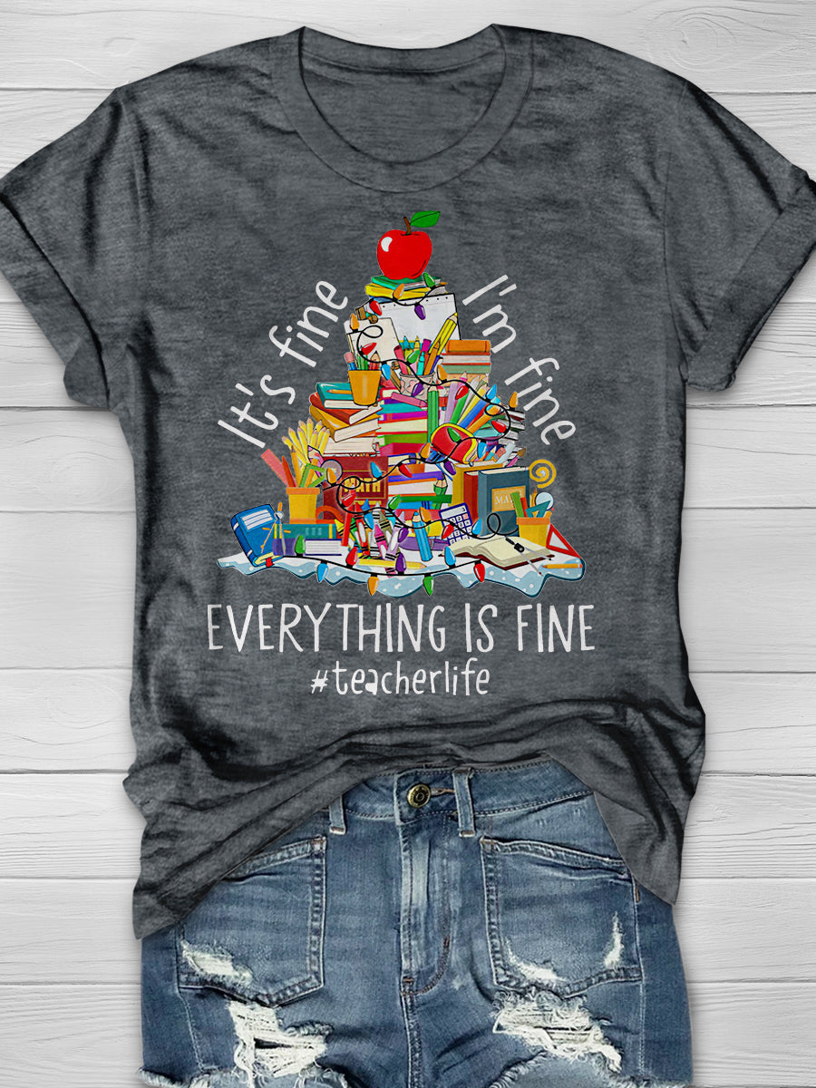 Everything Is Fine Teacher Christmas Tree Print Graphic T-shirts