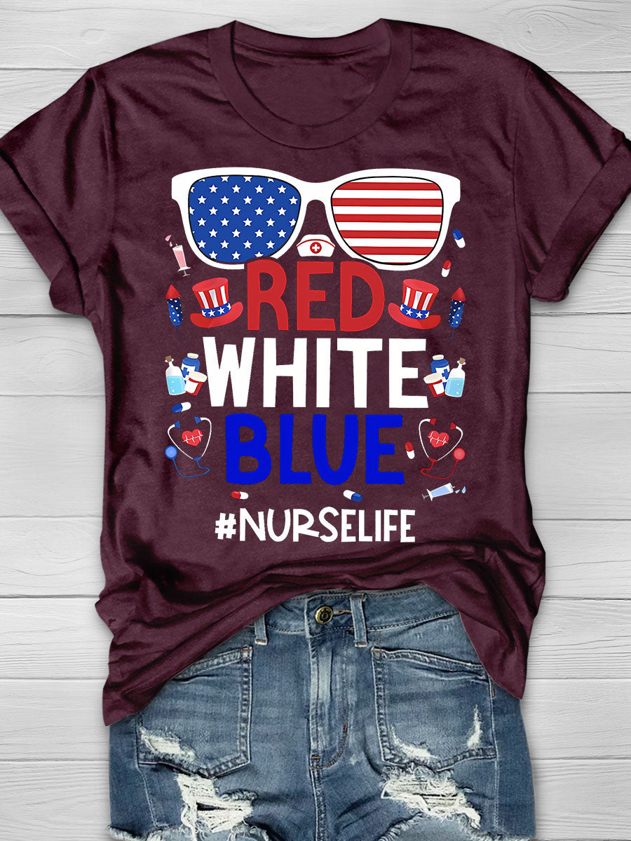 America Nurse Life Red White Blue Print Short Sleeve T-shirt