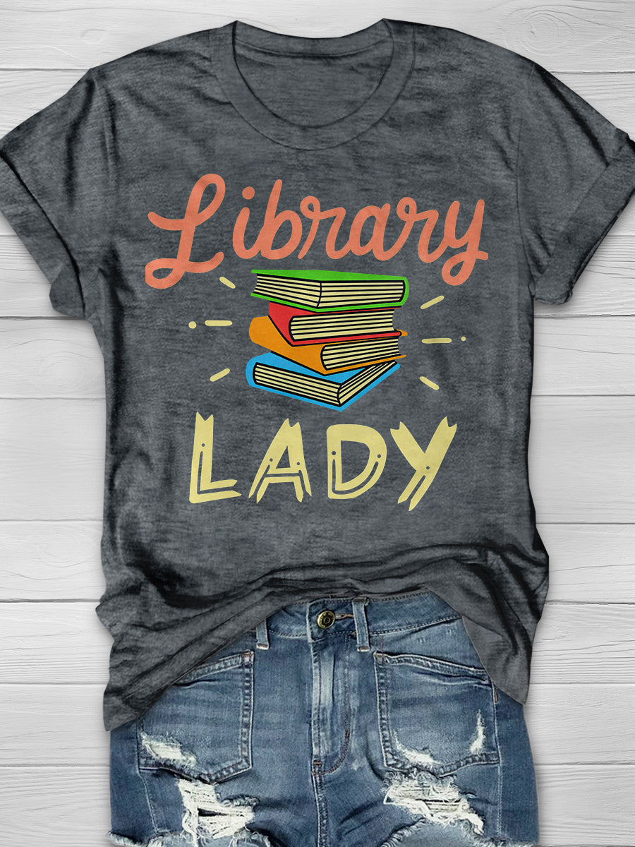 Library Lady Print Graphic T-shirts