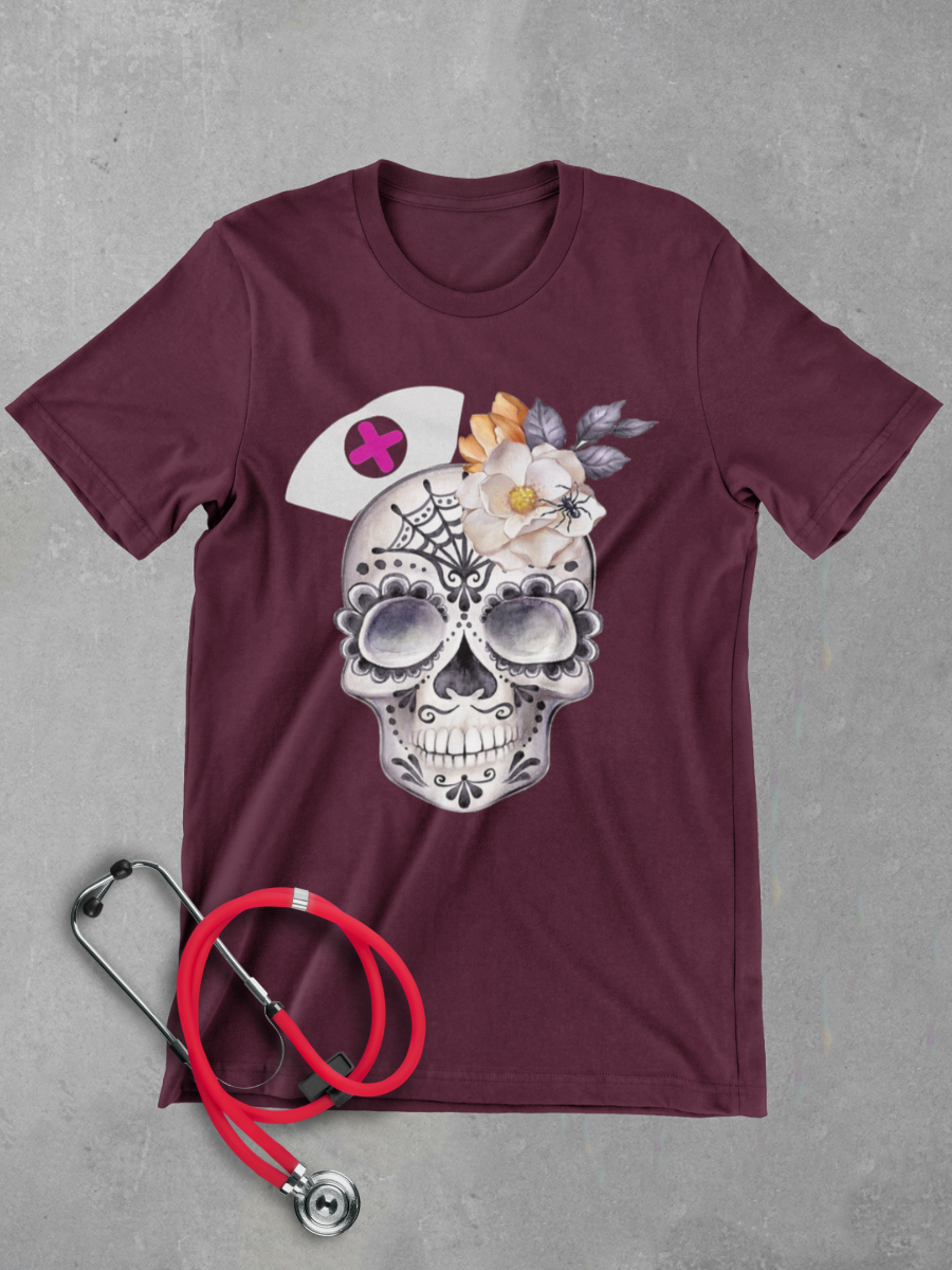 Vintage Skeleton Floral Nurse Graphic T-shirt