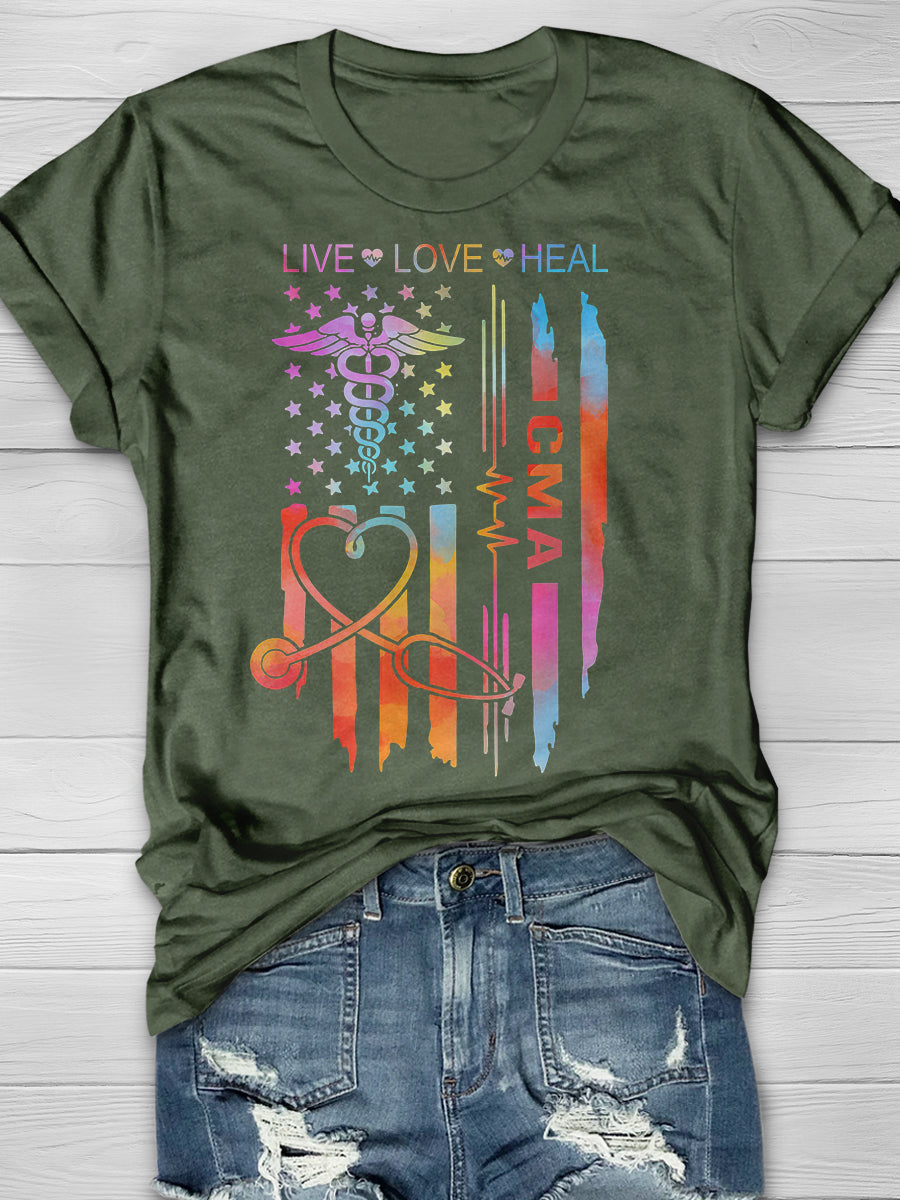 CMA Nurse US Flag Print Short Sleeve T-shirt