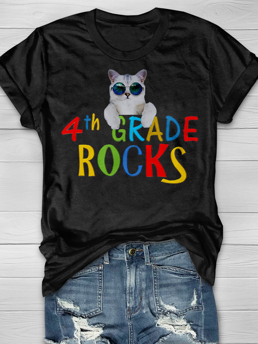 4th Grade Rocks Cool Cat Print Graphic T-shirts