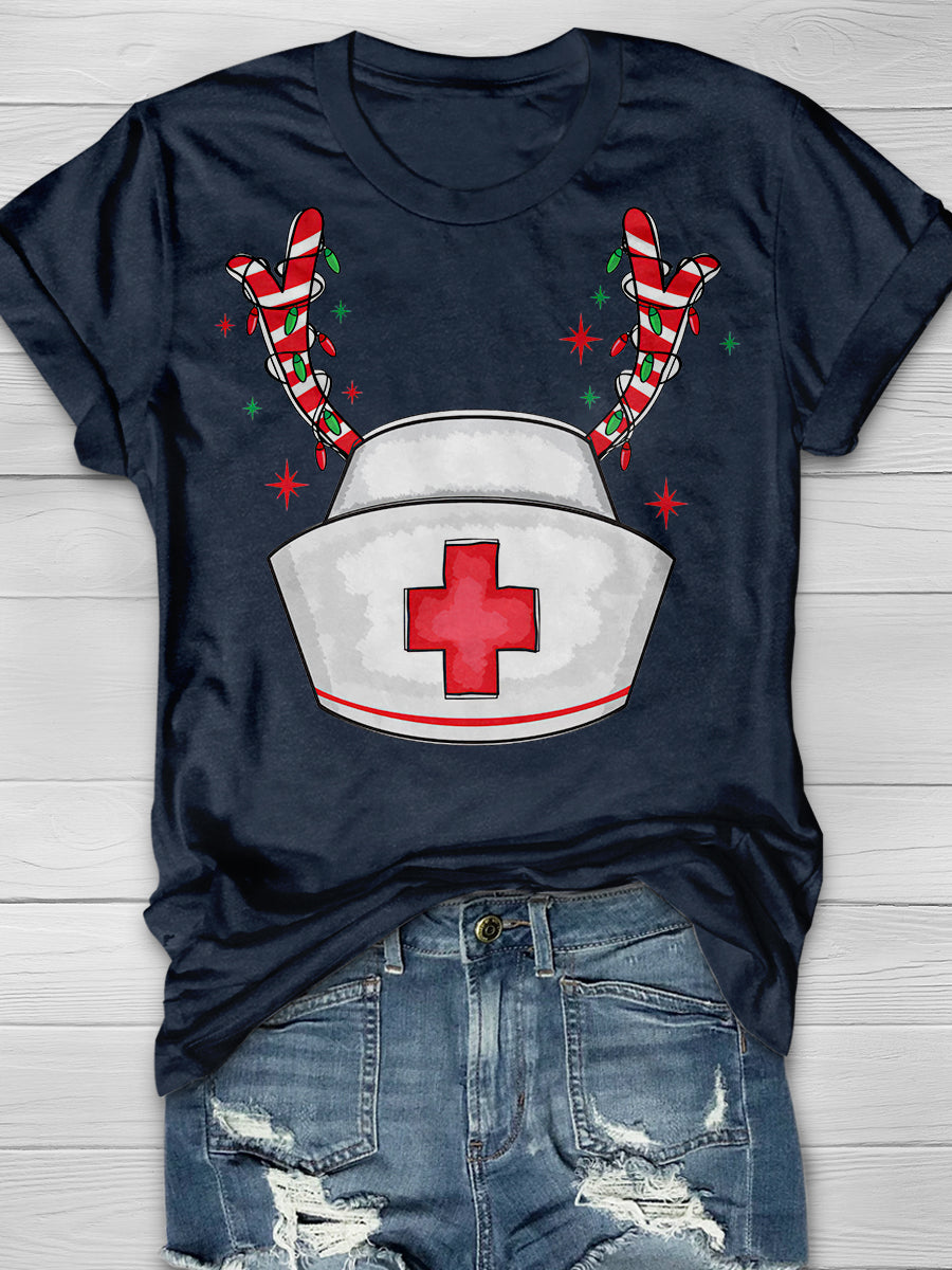Christmas Nurse Hat Reindeer Print Short Sleeve T-shirt