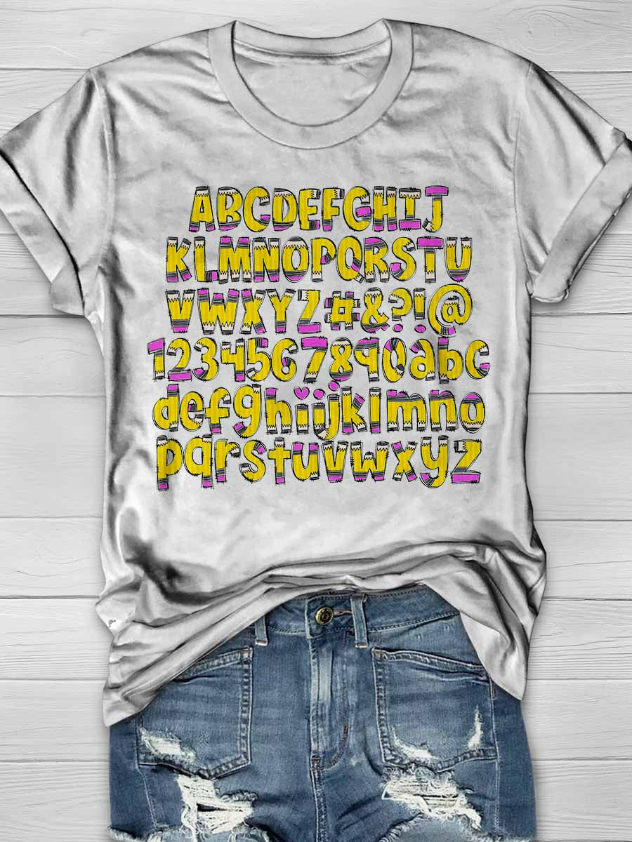 Pencil Letters Numbers Print Graphic T-shirts