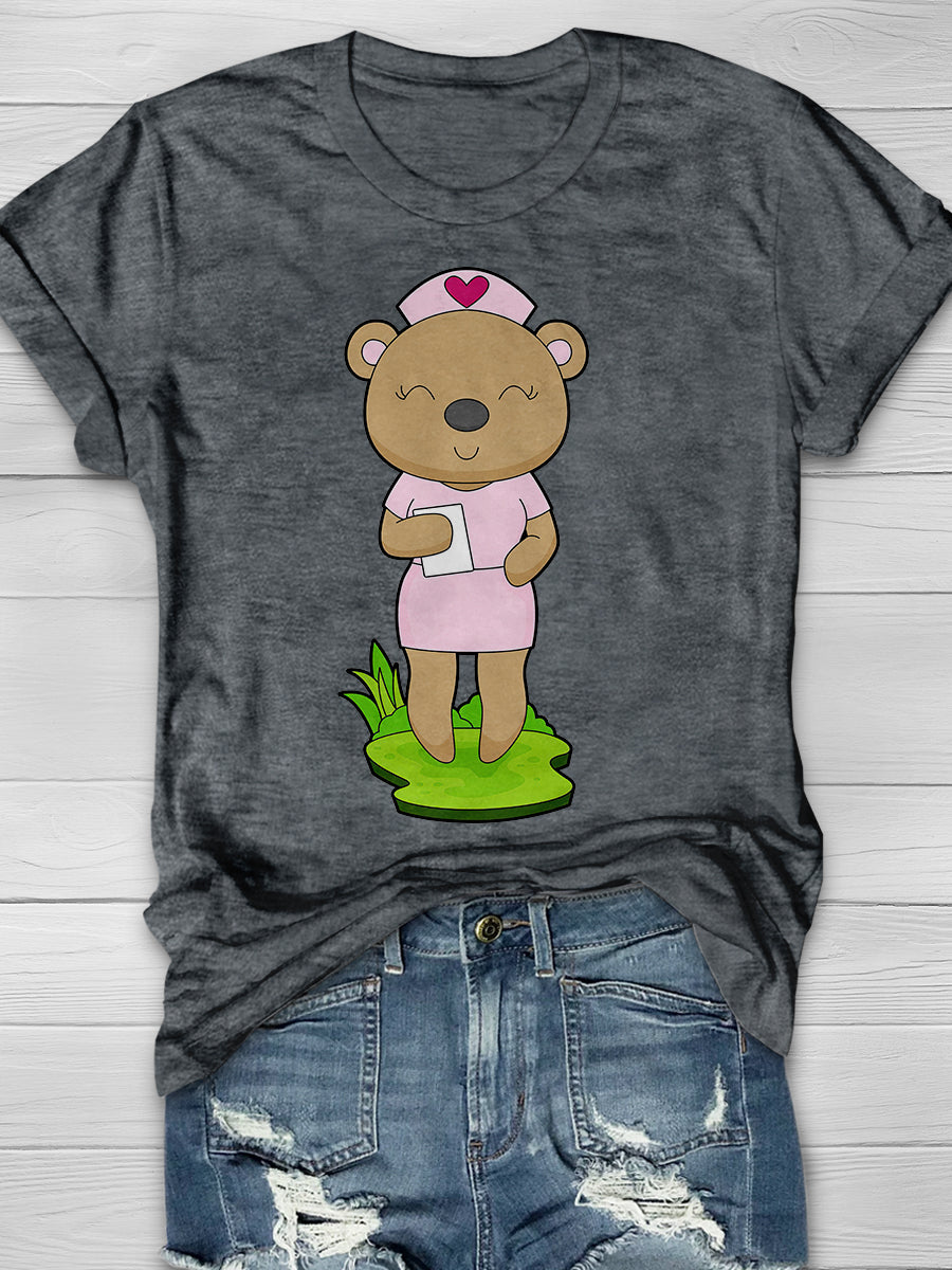 Bear Nurse Print Short Sleeve T-shirt