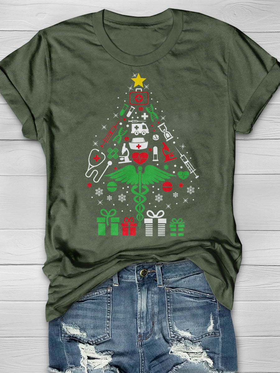 Christmas Tree Nurse Print Short Sleeve T-shirt
