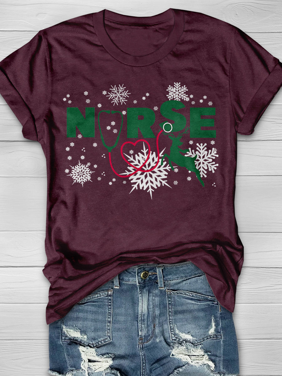 Christmas Nurse Crew Print Short Sleeve T-shirt