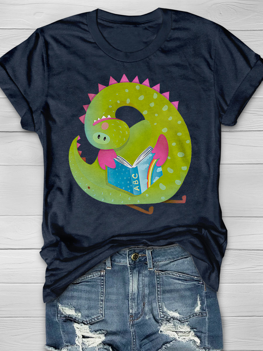 Baby Dragon Reading Book Print Graphic T-shirts