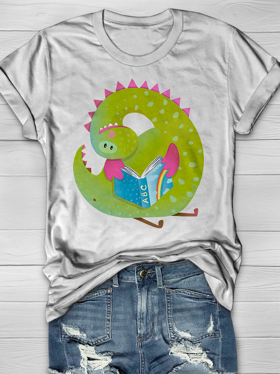 Baby Dragon Reading Book Print Graphic T-shirts