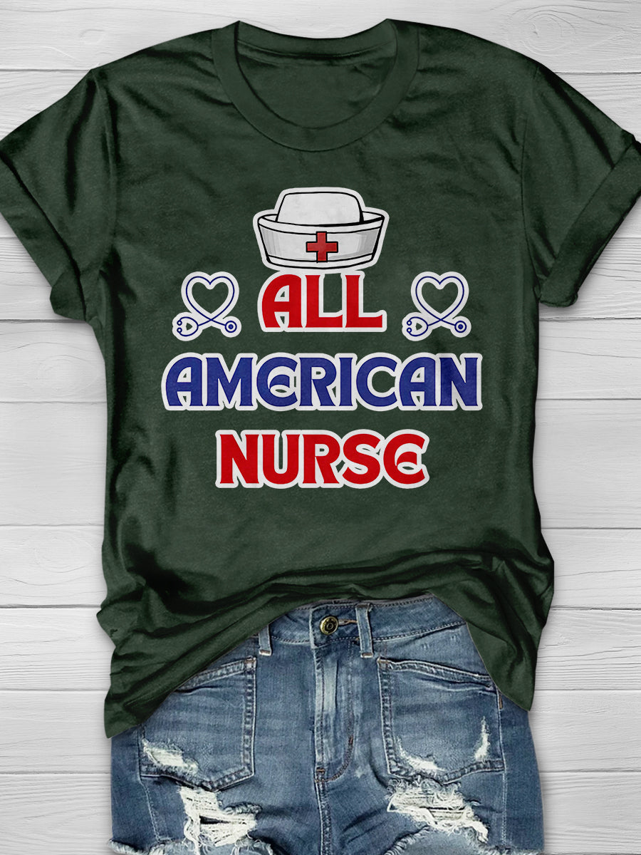American Patriotic Nurse Print Short Sleeve T-shirt