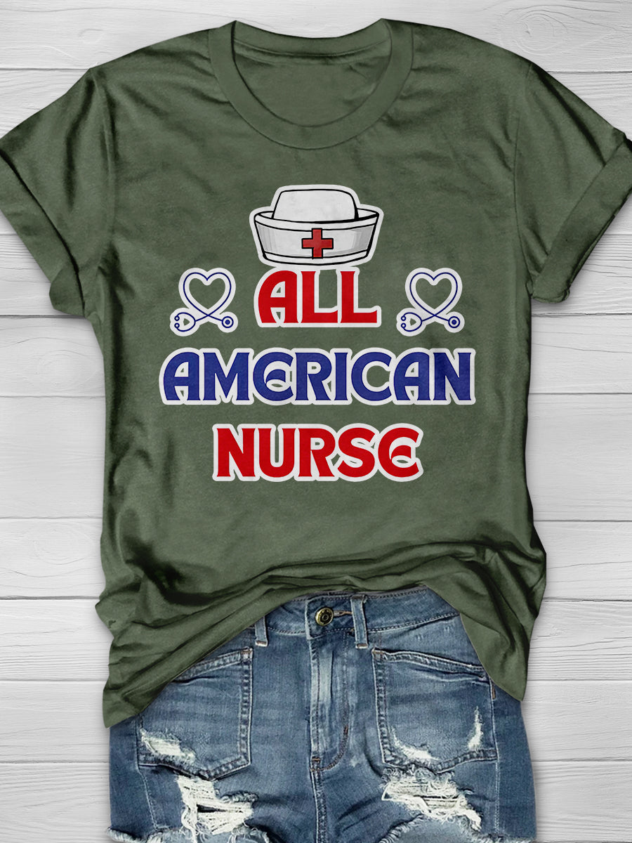 American Patriotic Nurse Print Short Sleeve T-shirt