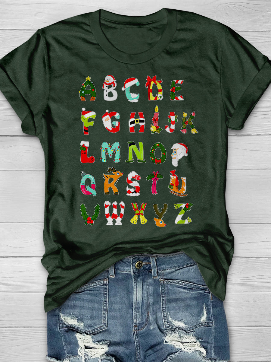 Christmas Alphabet Print Graphic T-shirts