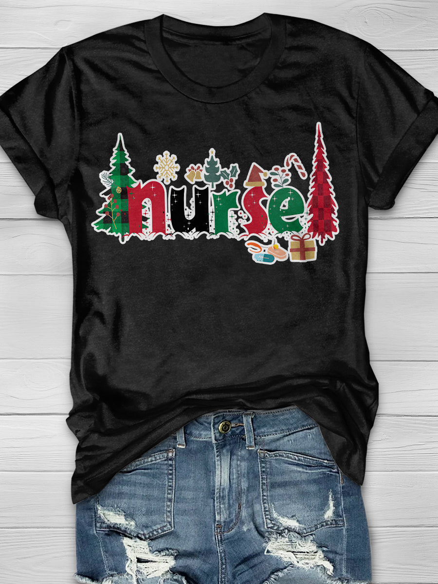 Christmas Nurse Print Short Sleeve T-shirt