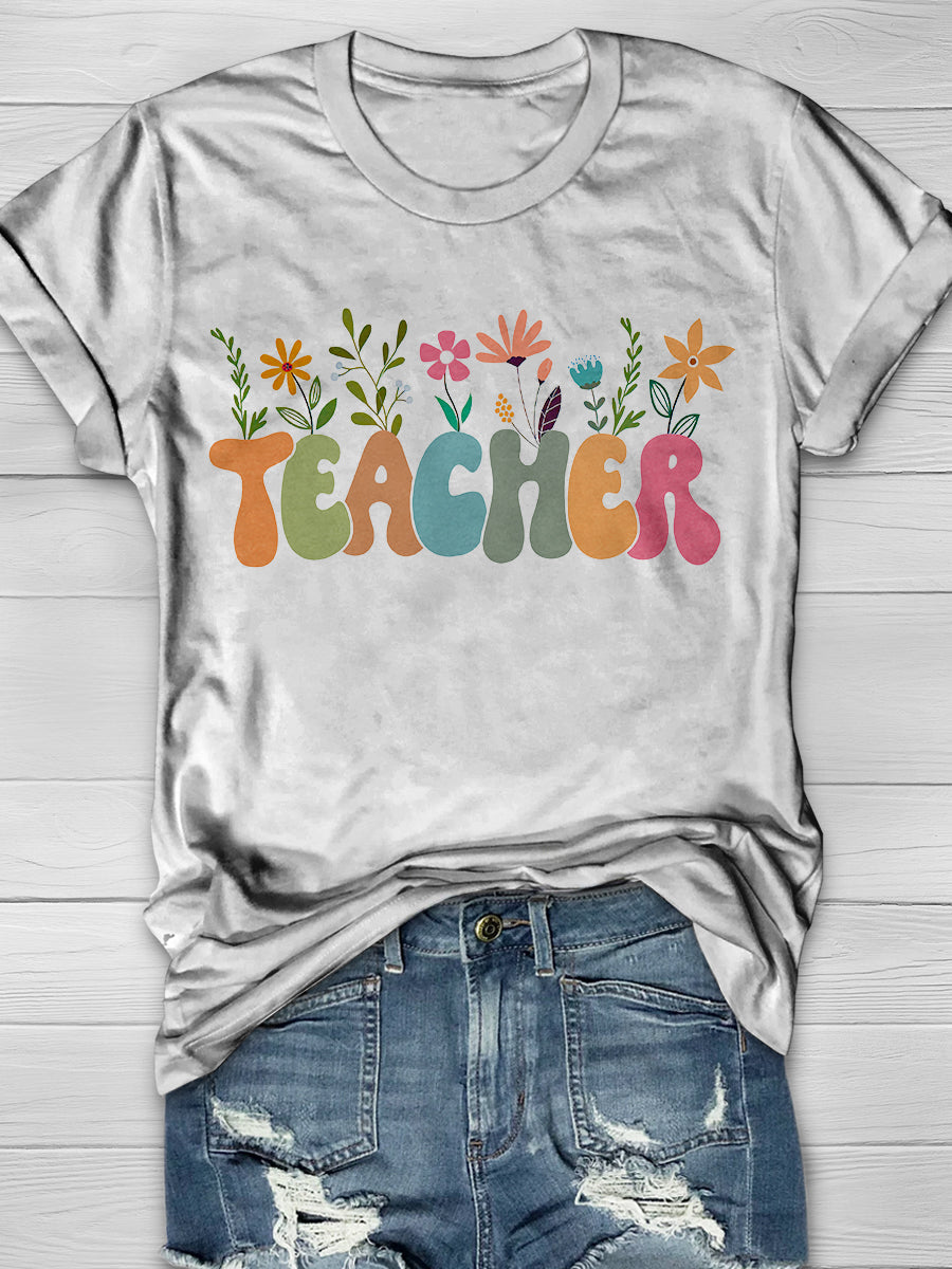 Flower Teacher Print Graphic T-shirts