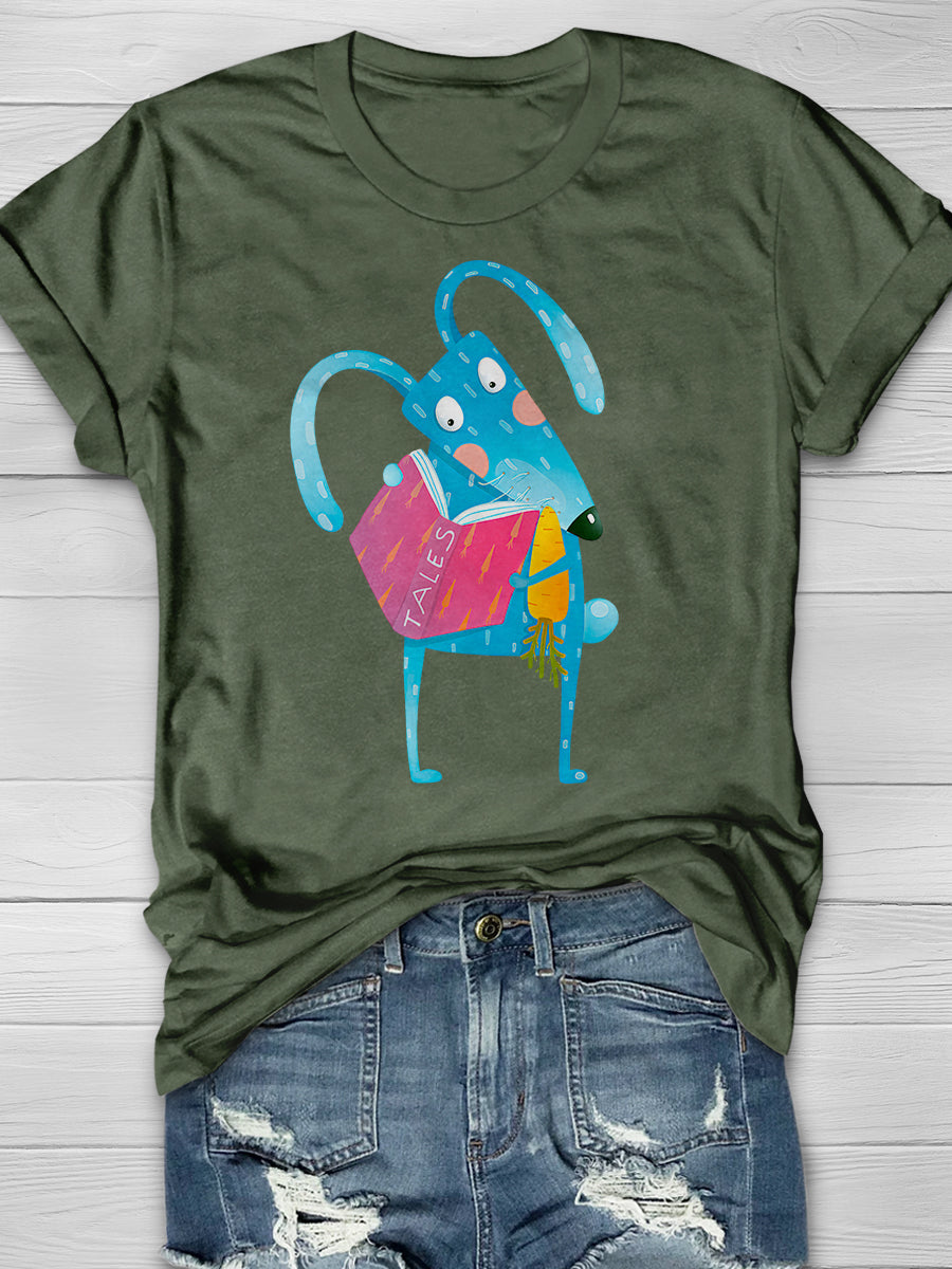 Cartoon Blue Bunny Reading Book Eating Print Graphic T-shirts