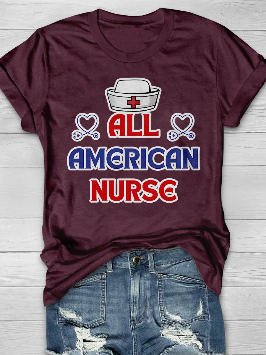 American Patriotic Nurse Print Short Sleeve T-shirt