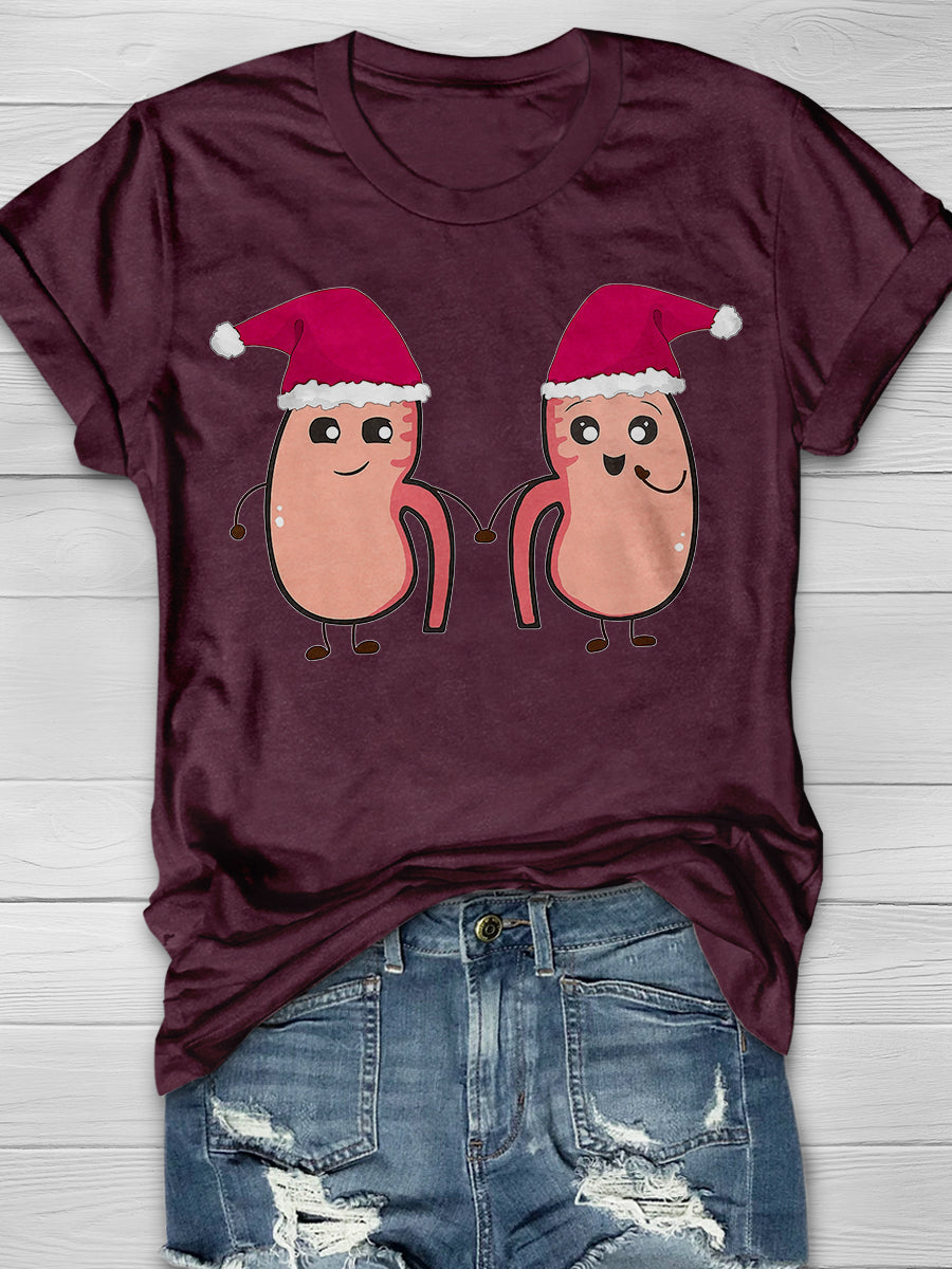 Christmas Kidneys in Red Hats Print Short Sleeve T-shirt