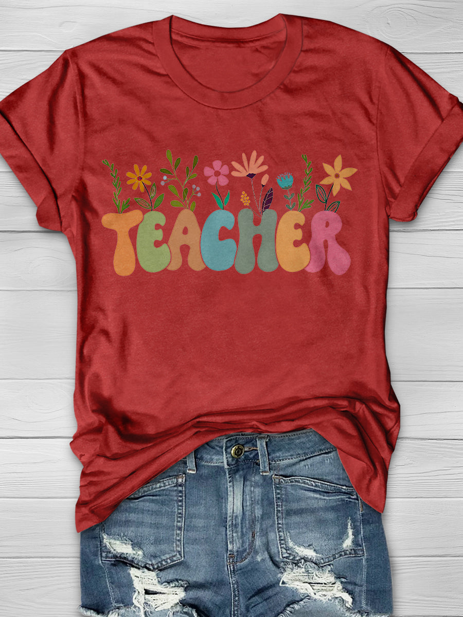 Flower Teacher Print Graphic T-shirts