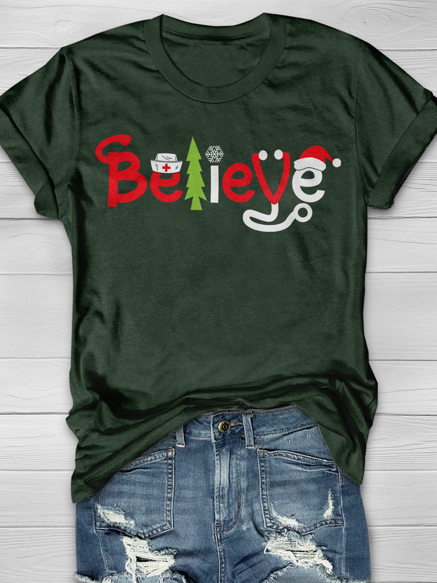 Christmas Nurse Believe Print Short Sleeve T-shirt