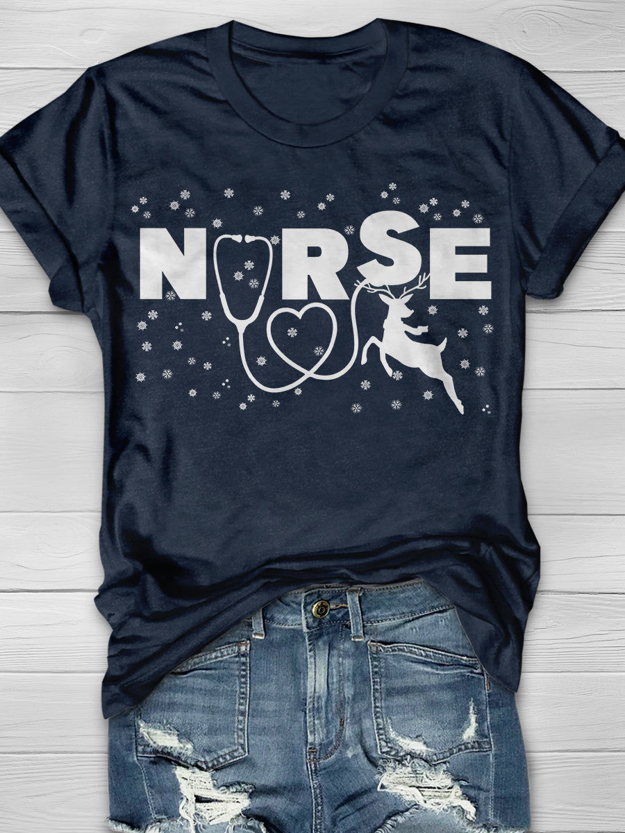 Christmas Reindeer Nurse Print Short Sleeve T-shirt