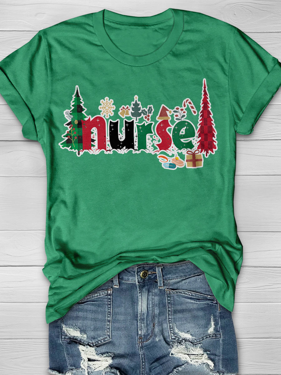 Christmas Nurse Print Short Sleeve T-shirt