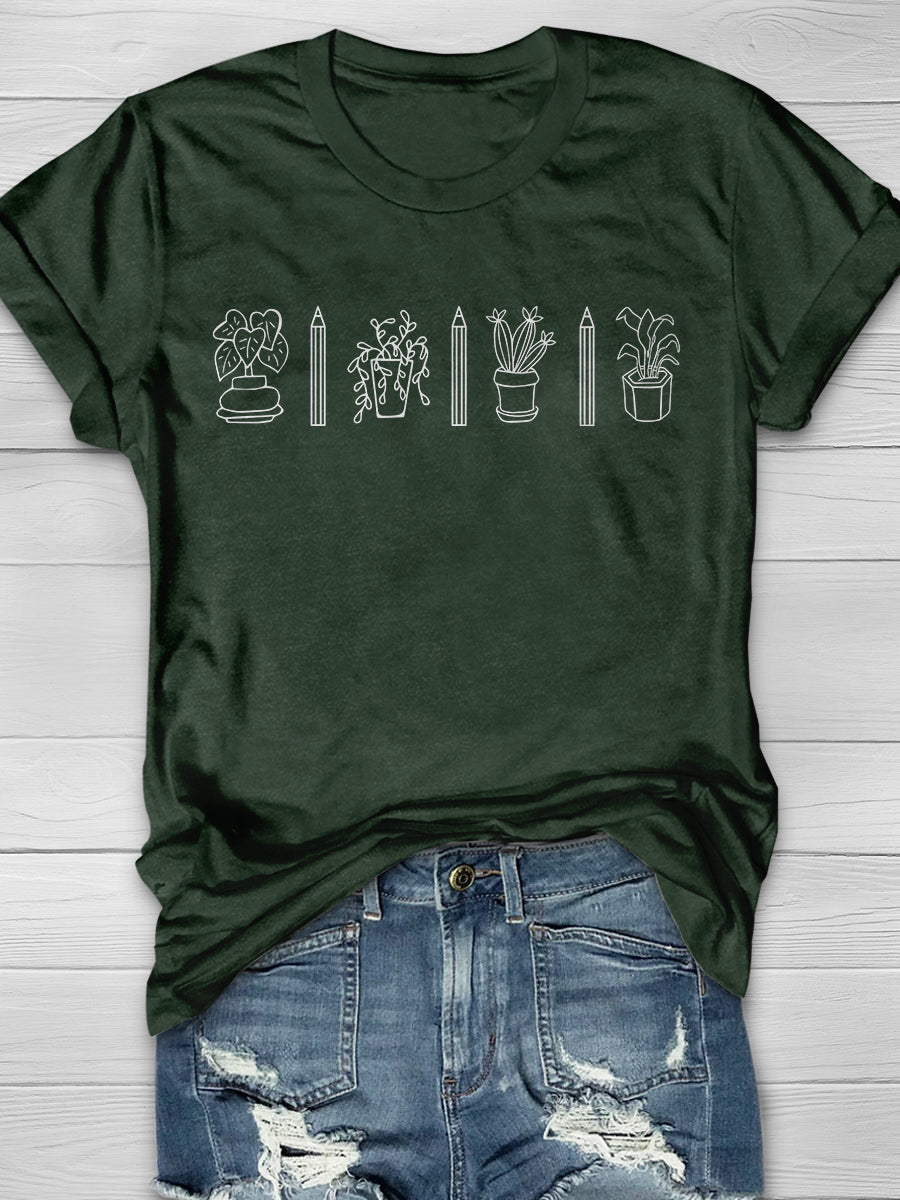 Plant Pencil Print Graphic T-shirts