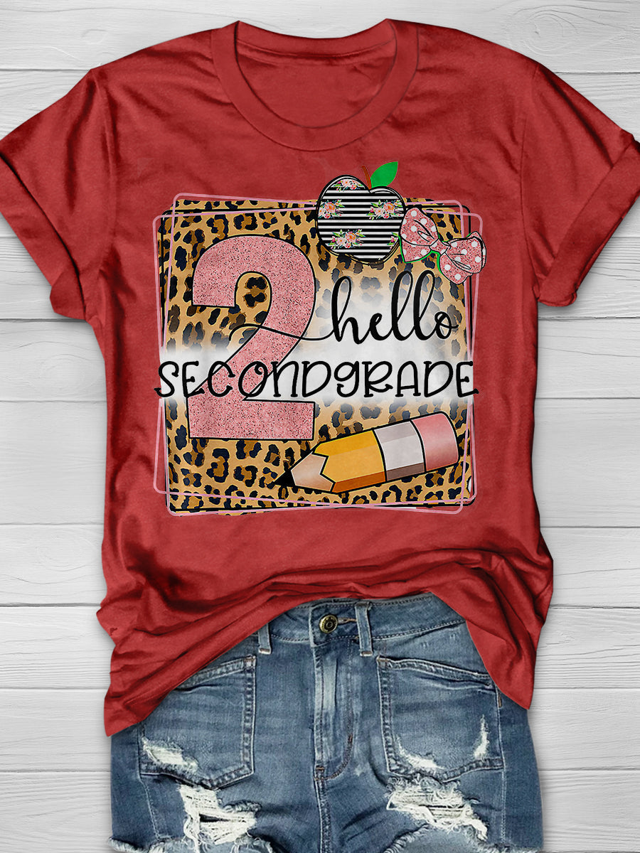 Hello Second Grade Leopard Print Graphic T-shirts