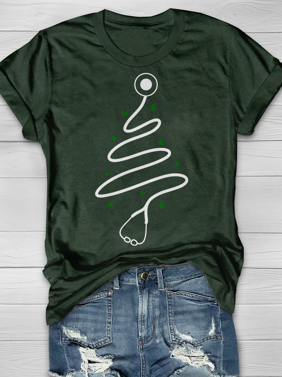 Christmas Stethoscope Tree Print Short Sleeve T-shirt