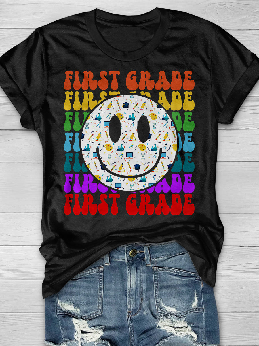 First Grade Happy Face Teacher Print Graphic T-shirts