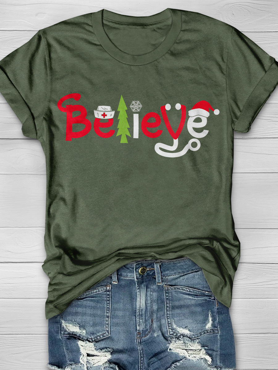 Christmas Nurse Believe Print Short Sleeve T-shirt