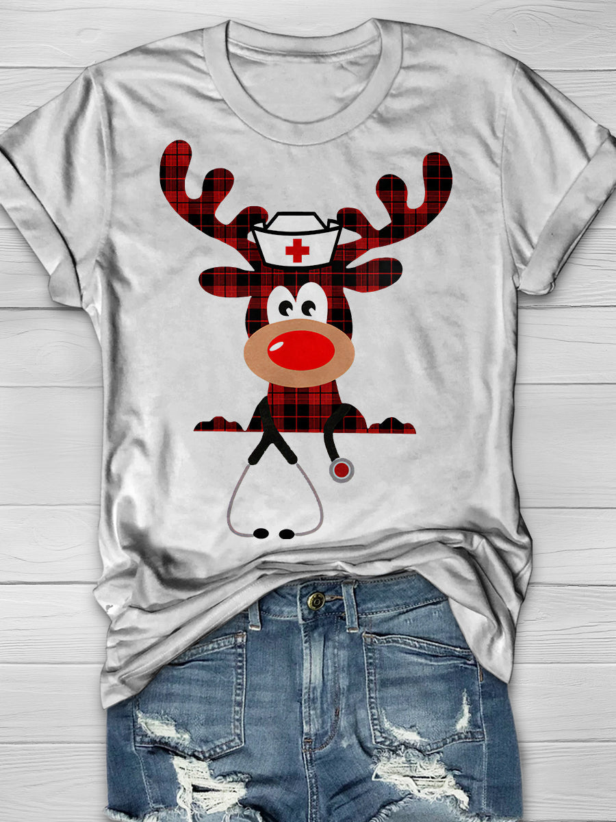 Christmas Deer Nurse Print Short Sleeve T-shirt