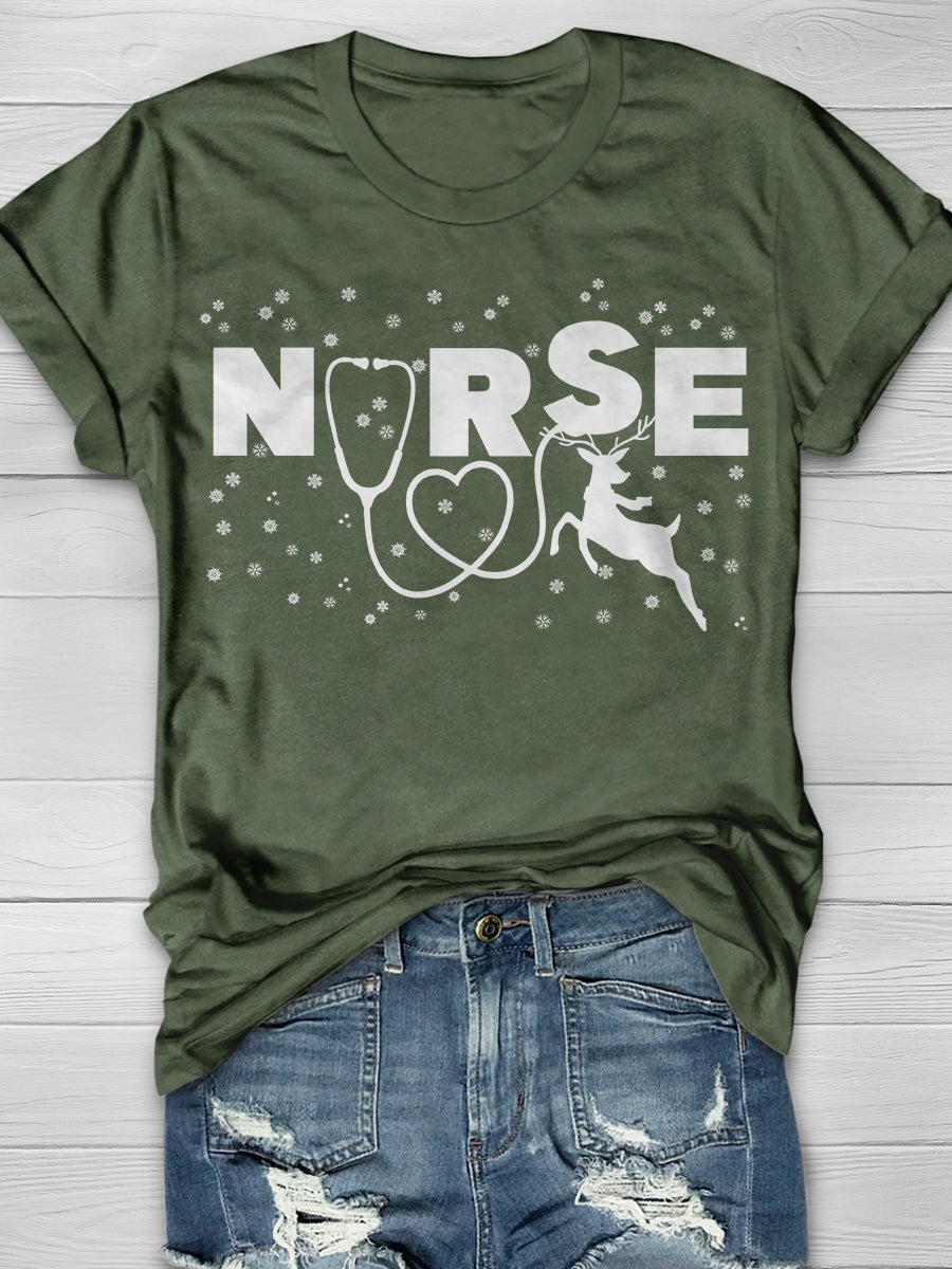 Christmas Reindeer Nurse Print Short Sleeve T-shirt