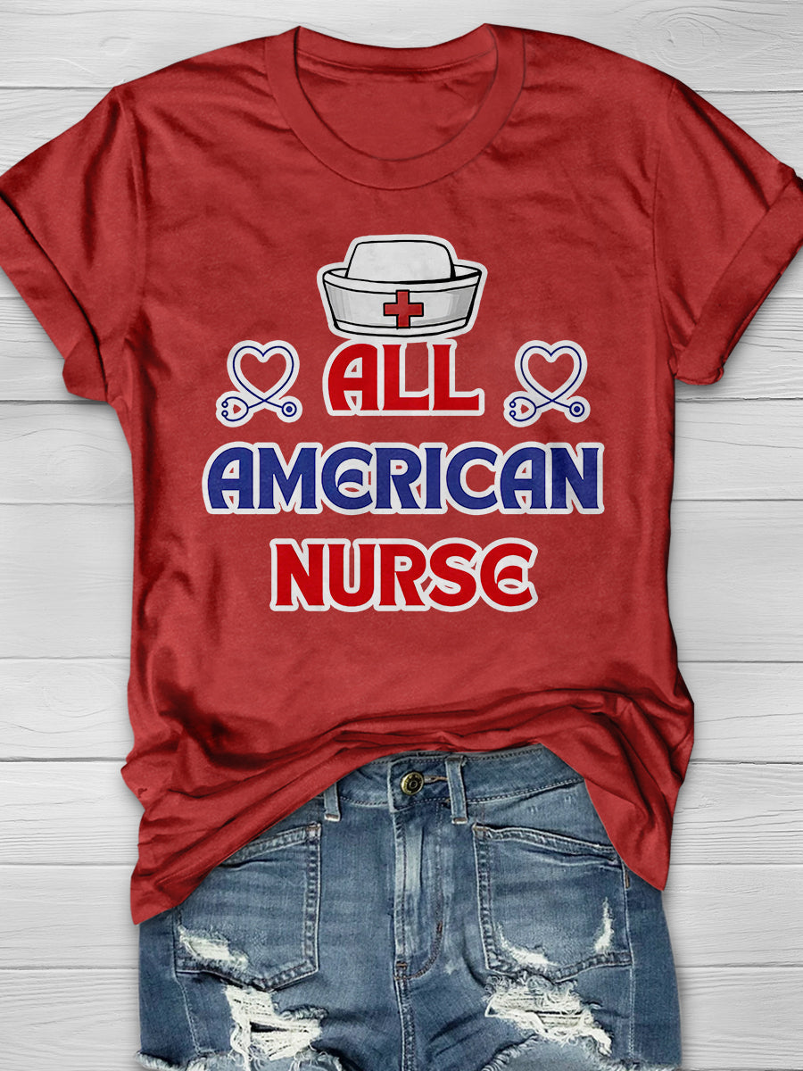 American Patriotic Nurse Print Short Sleeve T-shirt