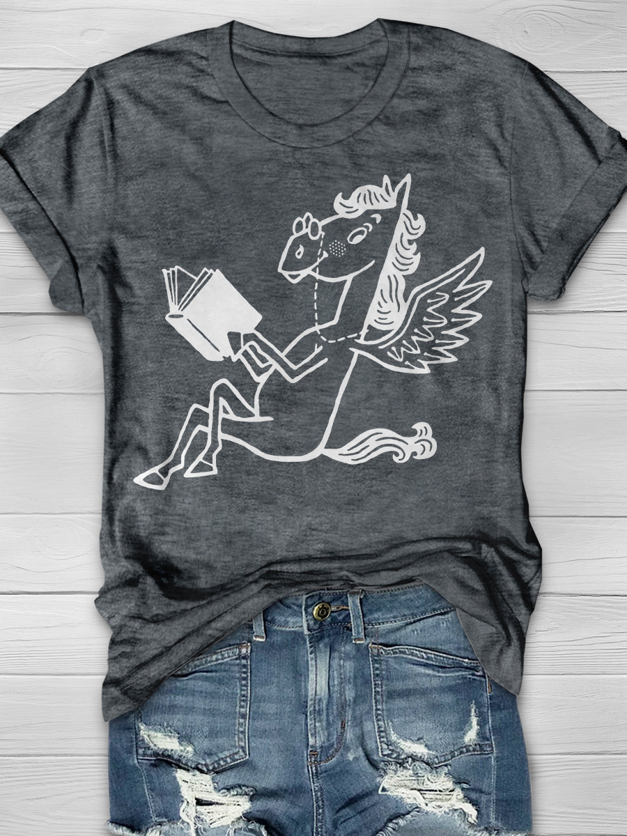 Pegasus Reading Book Print Graphic T-shirts
