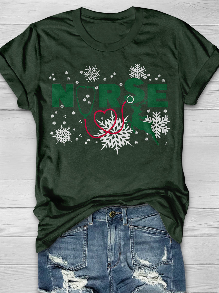 Christmas Nurse Crew Print Short Sleeve T-shirt