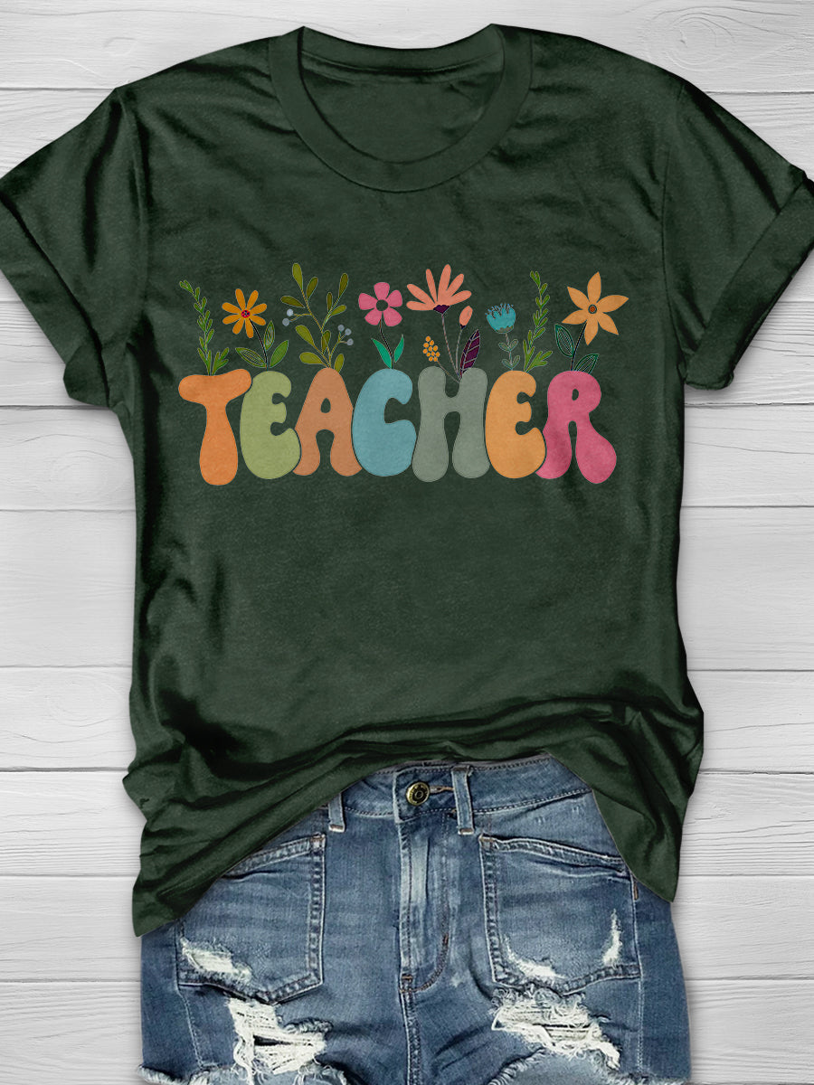 Flower Teacher Print Graphic T-shirts