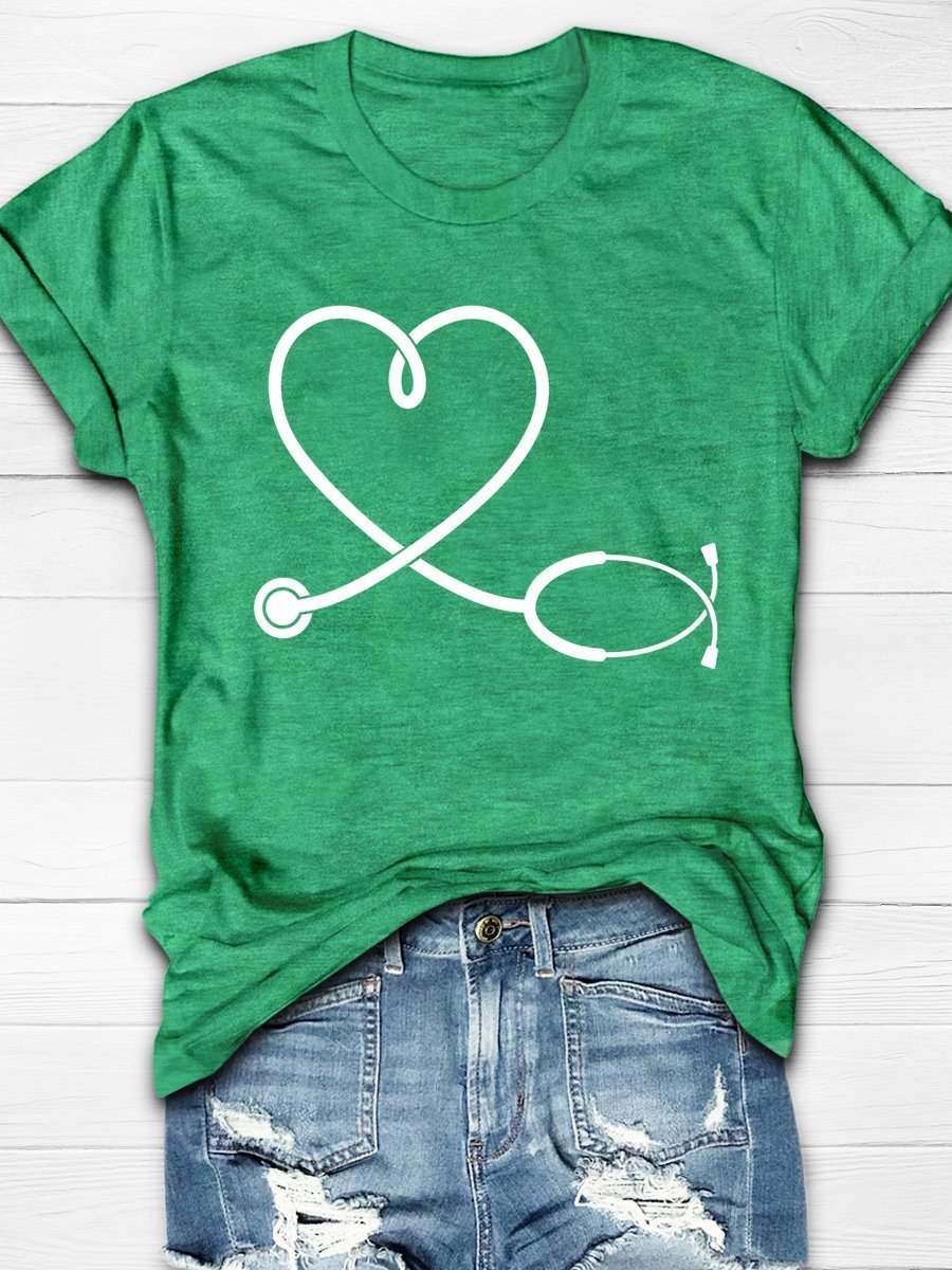 Nurse Stethoscope Love Print Short Sleeve T-shirt