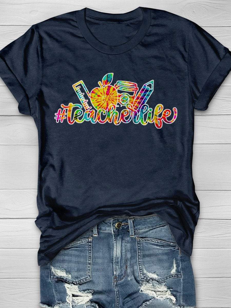 Teacher Life Tie Dye Print Graphic T-shirts