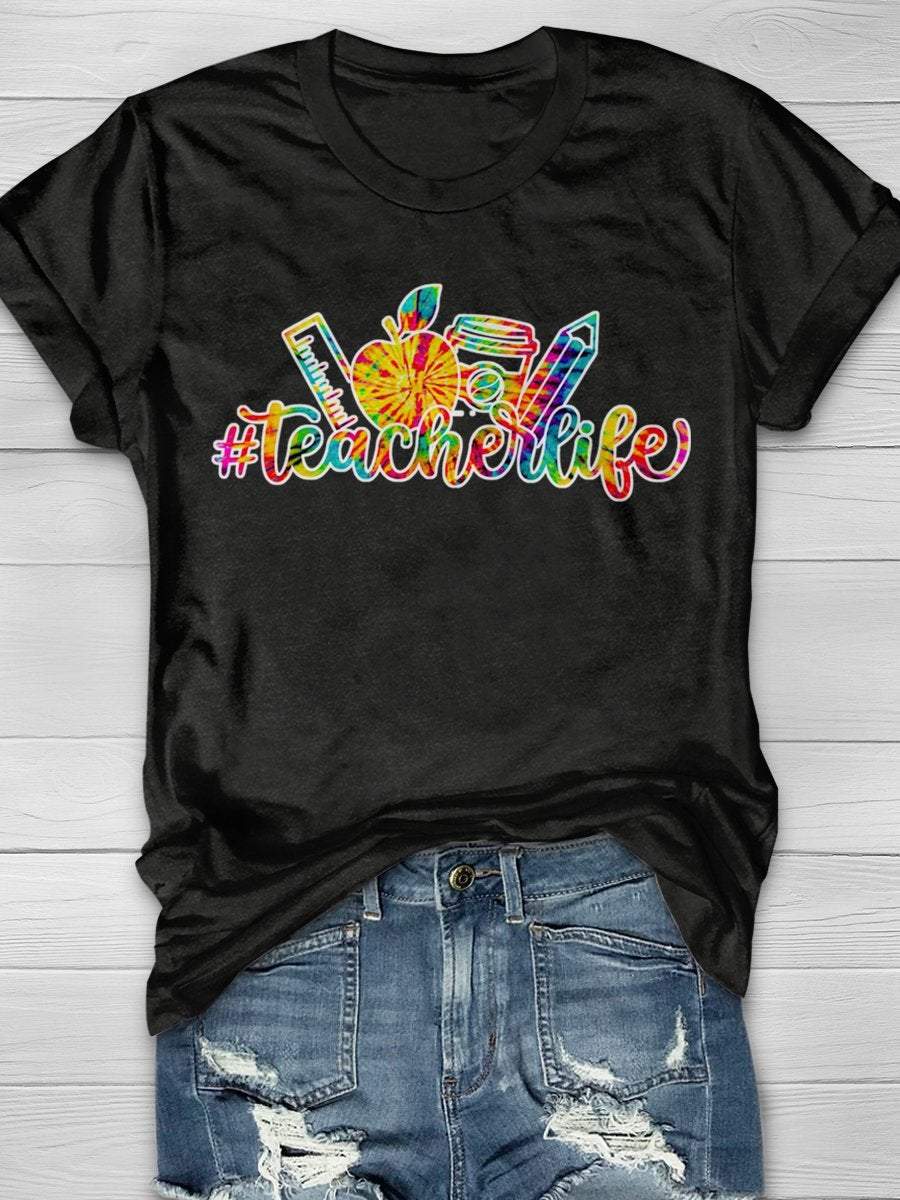 Teacher Life Tie Dye Print Graphic T-shirts