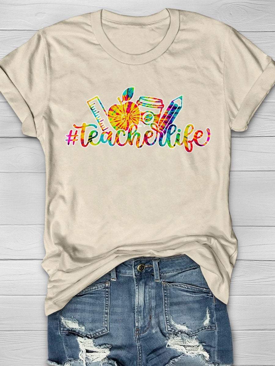 Teacher Life Tie Dye Print Graphic T-shirts